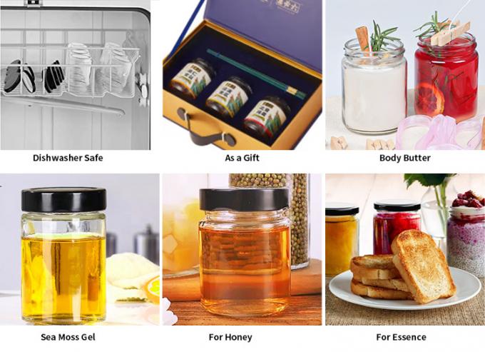Vente en gros en verre pas cher confiture de piment transparente scellée luxe pot de miel hexagonal 5