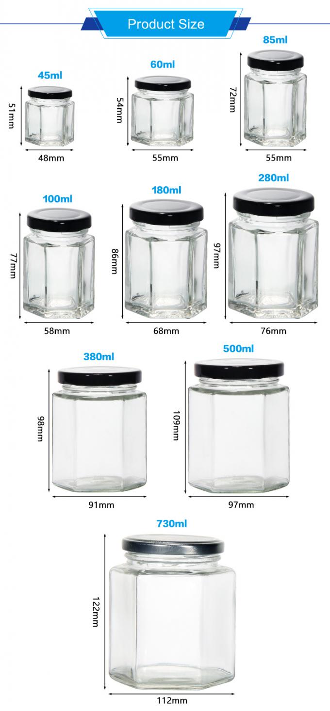 Logo personnalisé 100 ml 180 ml 280 ml 380 ml Sauce à la confiture Bouteilles en verre transparentes Bouteille hexagonale en verre de miel 2