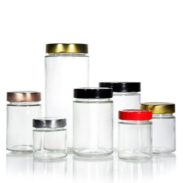 Clair rond 4oz 8oz 16oz 12oz 20oz Boîtier en verre contenant de la nourriture en verre avec un couvercle en métal profond