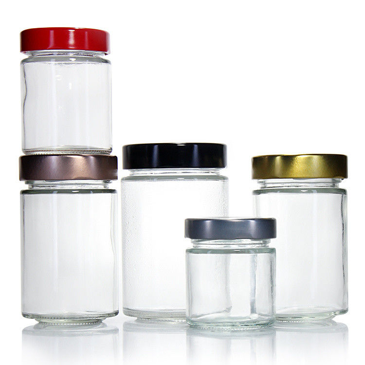 Clair rond 4oz 8oz 16oz 12oz 20oz Boîtier en verre contenant de la nourriture en verre avec un couvercle en métal profond
