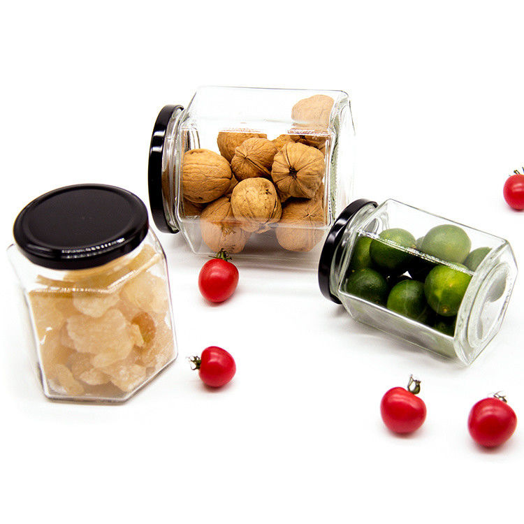 Logo personnalisé 100 ml 180 ml 280 ml 380 ml Sauce à la confiture Bouteilles en verre transparentes Bouteille hexagonale en verre de miel