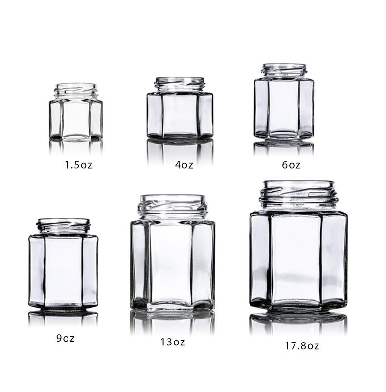 Logo personnalisé 100 ml 180 ml 280 ml 380 ml Sauce à la confiture Bouteilles en verre transparentes Bouteille hexagonale en verre de miel
