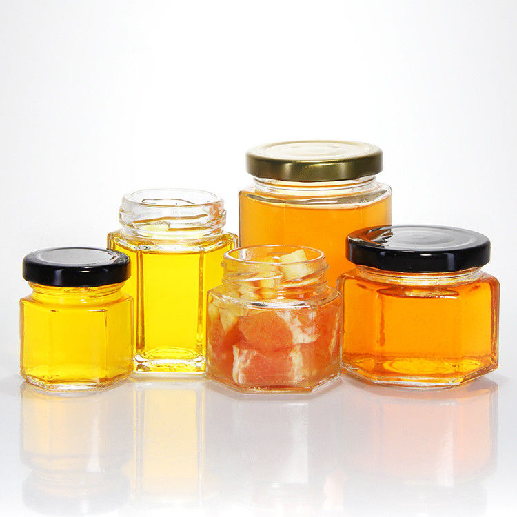 300 ml 200 ml 100 ml en gros Hexagon Glass Mason Jar Jam Jar Honey Jar avec un couvercle à vis métallique