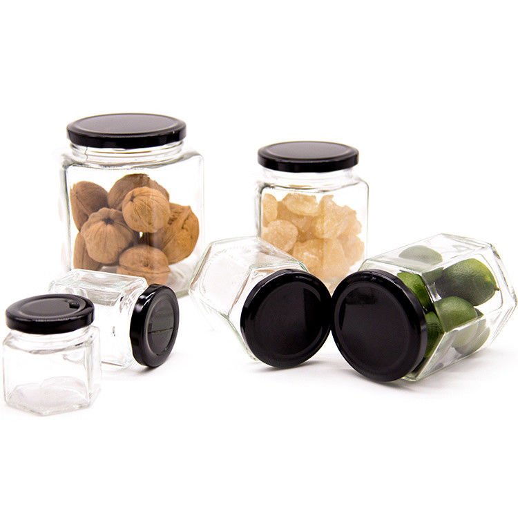 300 ml 200 ml 100 ml en gros Hexagon Glass Mason Jar Jam Jar Honey Jar avec un couvercle à vis métallique