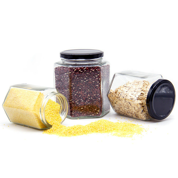300 ml 200 ml 100 ml en gros Hexagon Glass Mason Jar Jam Jar Honey Jar avec un couvercle à vis métallique