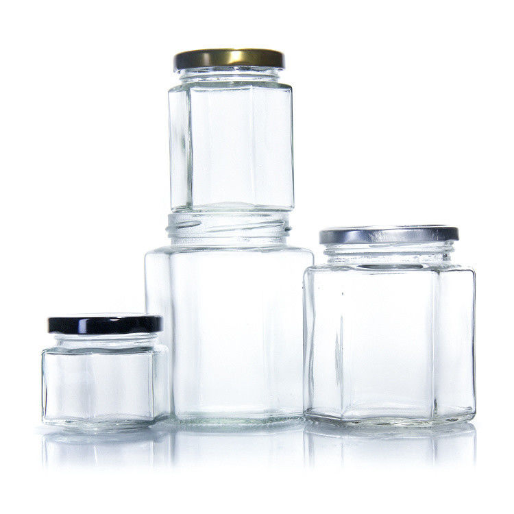300 ml 200 ml 100 ml en gros Hexagon Glass Mason Jar Jam Jar Honey Jar avec un couvercle à vis métallique