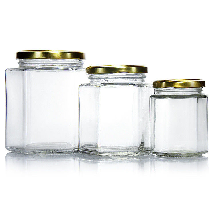 300 ml 200 ml 100 ml en gros Hexagon Glass Mason Jar Jam Jar Honey Jar avec un couvercle à vis métallique