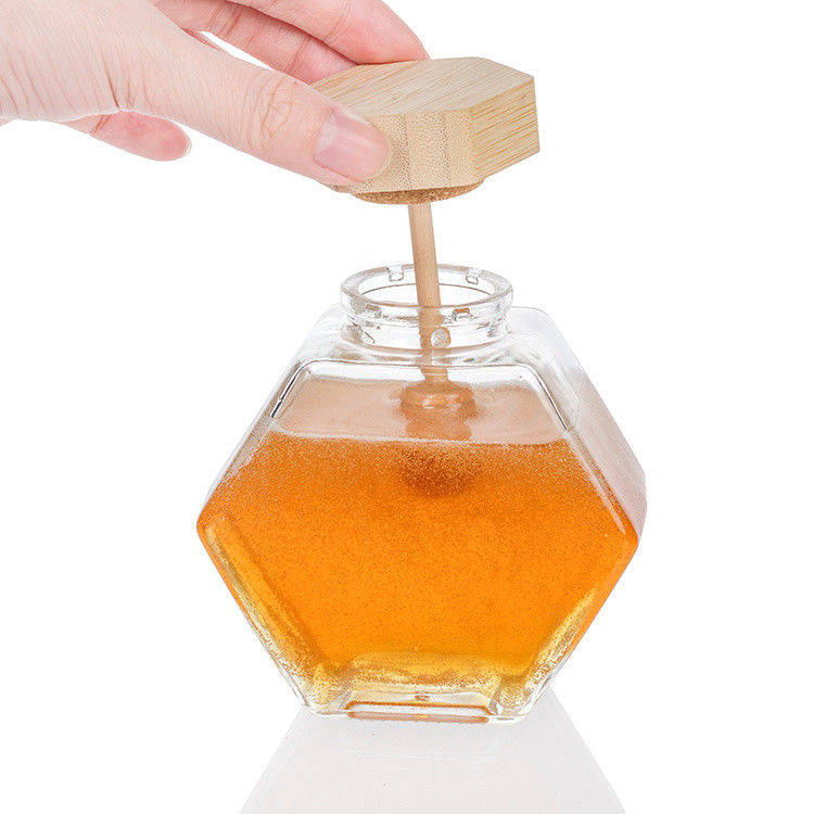 Forme hexagonale Bouteille de stockage de nourriture en verre transparent Cuisine avec couvercle en acier inoxydable ou couvercle transparent