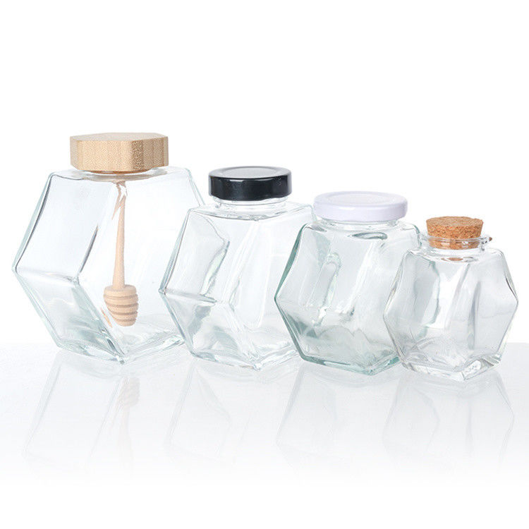 Forme hexagonale Bouteille de stockage de nourriture en verre transparent Cuisine avec couvercle en acier inoxydable ou couvercle transparent