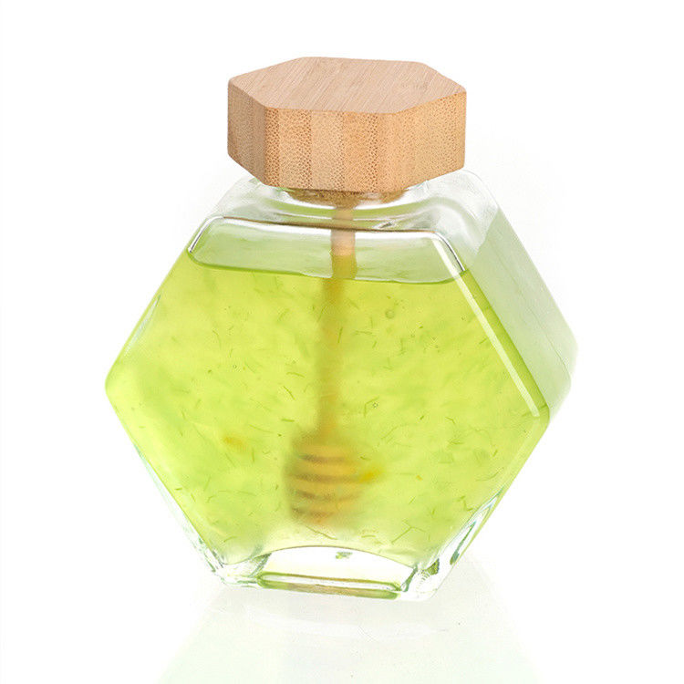Forme hexagonale Bouteille de stockage de nourriture en verre transparent Cuisine avec couvercle en acier inoxydable ou couvercle transparent