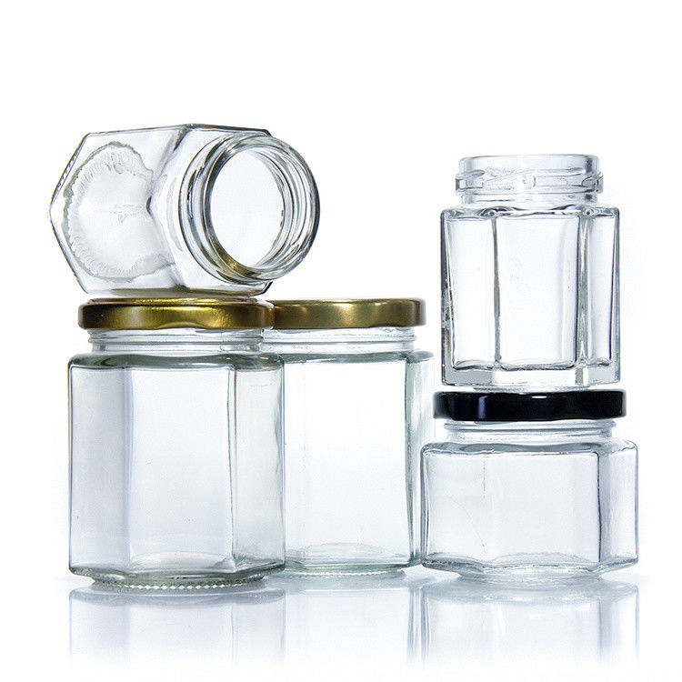 Différentes tailles contenant de stockage scellé transparent vide bocal en verre hexagonal pour cuisine