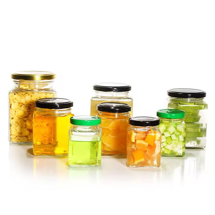 De haute qualité, claire, vide, 500 ml, en verre carré, hexagone, conserveur de nourriture, contenant des couvercles métalliques