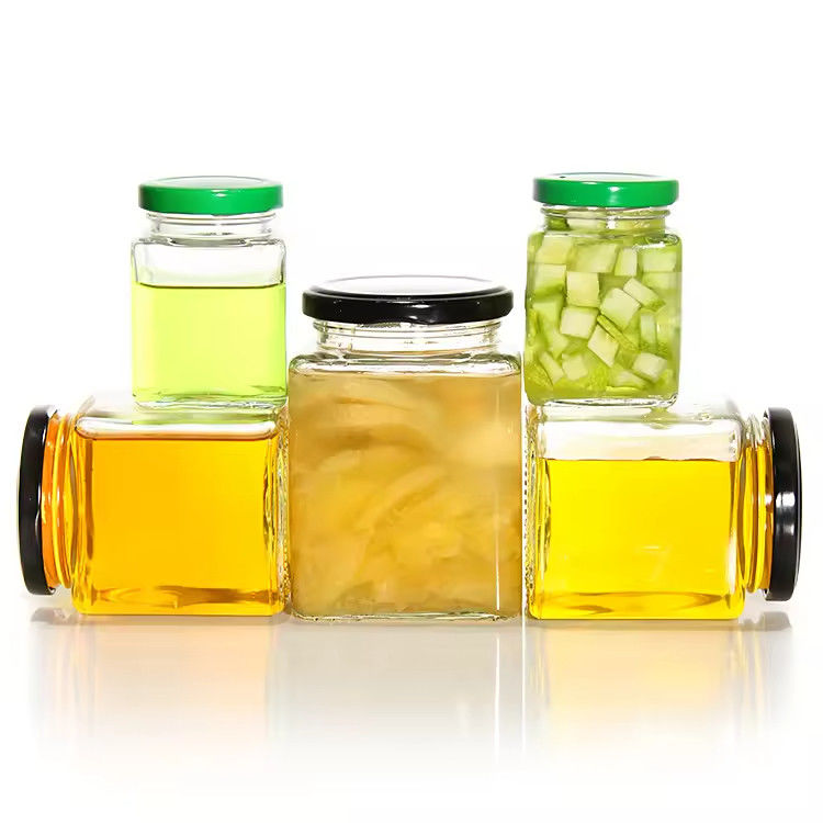 De haute qualité, claire, vide, 500 ml, en verre carré, hexagone, conserveur de nourriture, contenant des couvercles métalliques
