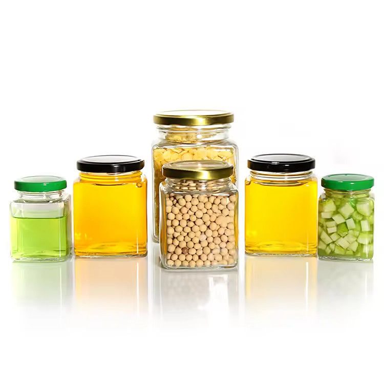 De haute qualité, claire, vide, 500 ml, en verre carré, hexagone, conserveur de nourriture, contenant des couvercles métalliques