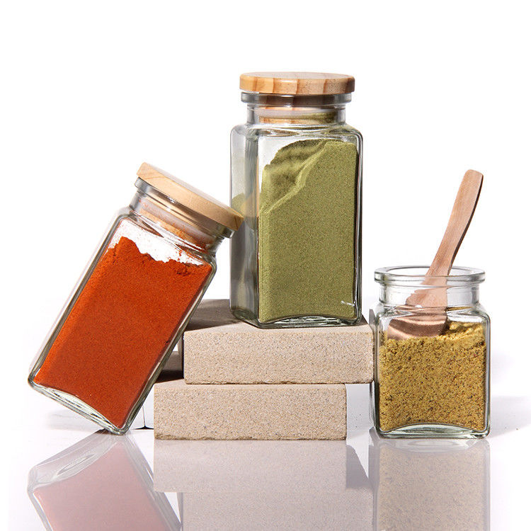 Logo personnalisé 4Oz 8Oz Carré Espéce Piment Salé Bouteille en verre avec couvercle métallique en bambou