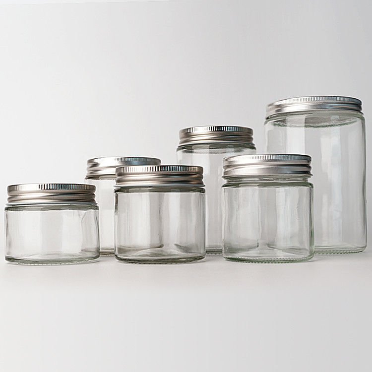 Verre vide, clair, rond, droit 4 oz, 8 oz, 12 oz, 20 oz, contenant de nourriture en verre avec couvercle métallique profond.