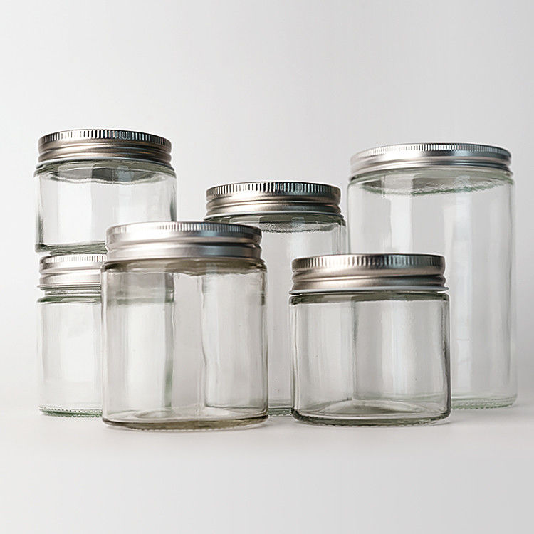 Verre vide, clair, rond, droit 4 oz, 8 oz, 12 oz, 20 oz, contenant de nourriture en verre avec couvercle métallique profond.