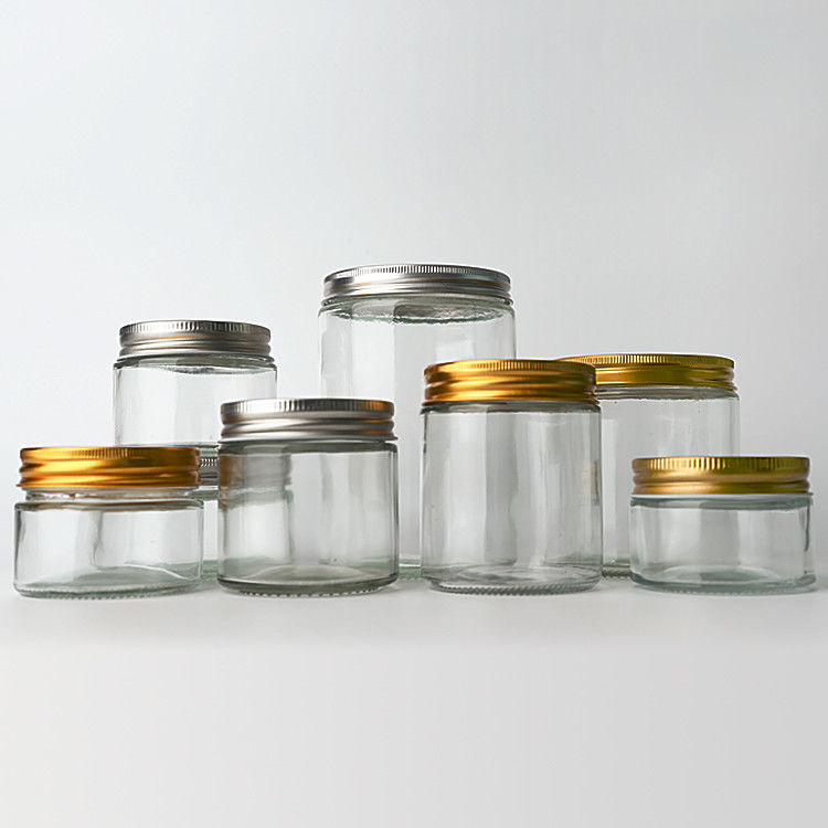 Verre vide, clair, rond, droit 4 oz, 8 oz, 12 oz, 20 oz, contenant de nourriture en verre avec couvercle métallique profond.
