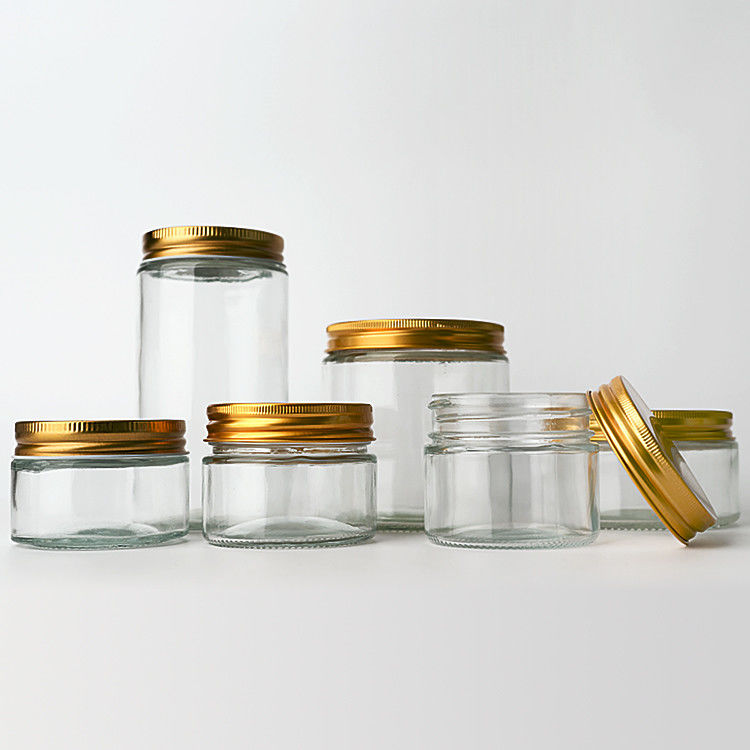 Fournitures d'usine 8 oz 12 oz de bonbons clairs vides Ronds conteneurs de verre avec des couvercles métalliques d'or