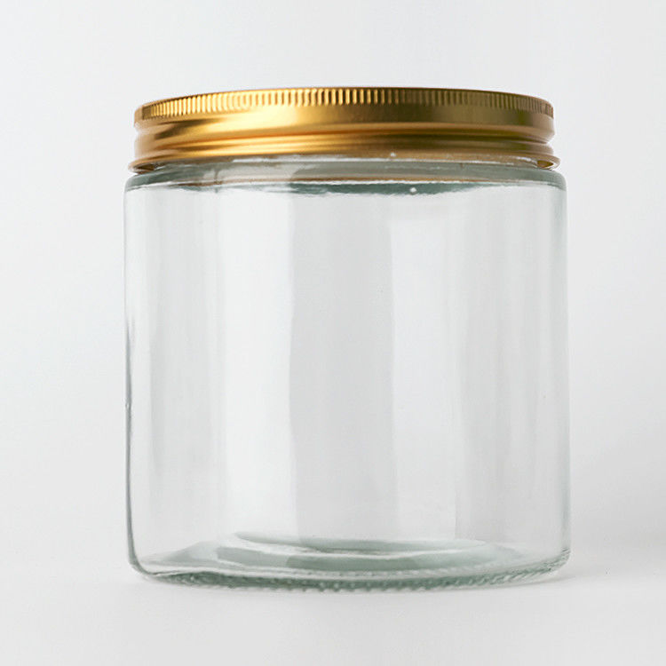 Fournitures d'usine 8 oz 12 oz de bonbons clairs vides Ronds conteneurs de verre avec des couvercles métalliques d'or