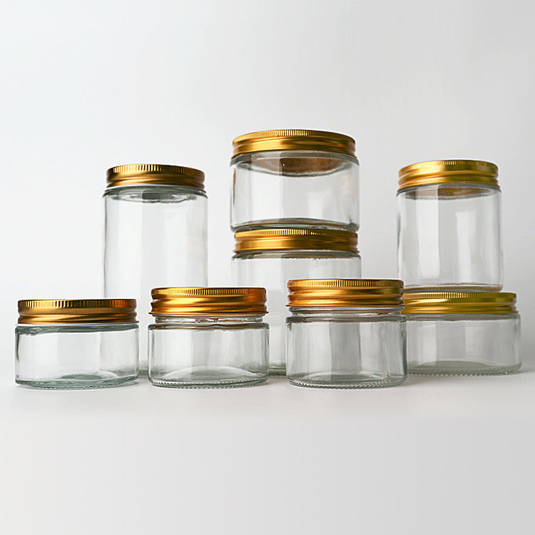 Fournitures d'usine 8 oz 12 oz de bonbons clairs vides Ronds conteneurs de verre avec des couvercles métalliques d'or