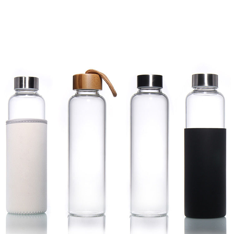 Bouteille d'eau en verre à haute borosilicate en verre de sport en extérieur de 35 ml à 500 ml avec manche en silicone