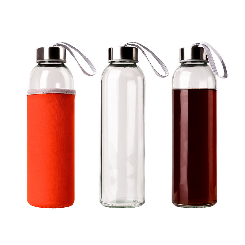 Bouteille d'eau en verre à haute teneur en borosilicate de sport ronde de 350 ml et 500 ml avec manche en silicone